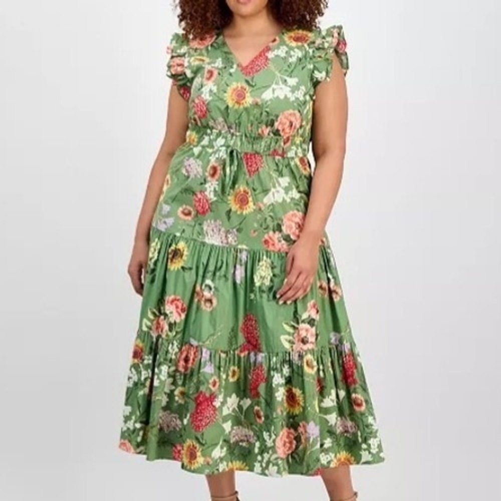 Anne Klein Printed V Neck Drawstring Maxi Green Floral Dress Womens Size 3X NWT